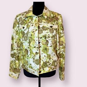 C.L.O.T.H.E.S. Floral Print Denim Jean Jacket White Green Gold Metallic Medium